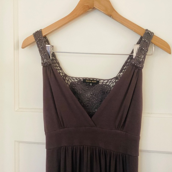 Gonca Style Dress Crochet Back Beaded Knit Jersey Gray One Size Empire Waist - Picture 5 of 10